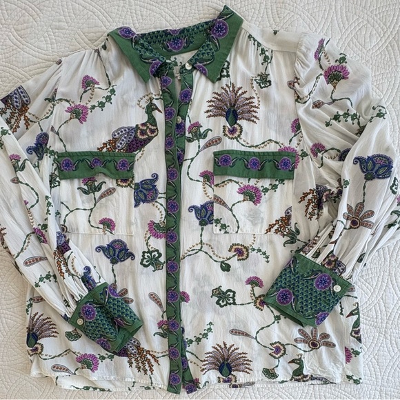 LOFT Cream and Green Patterned Blouse XL - Picture 2 of 6